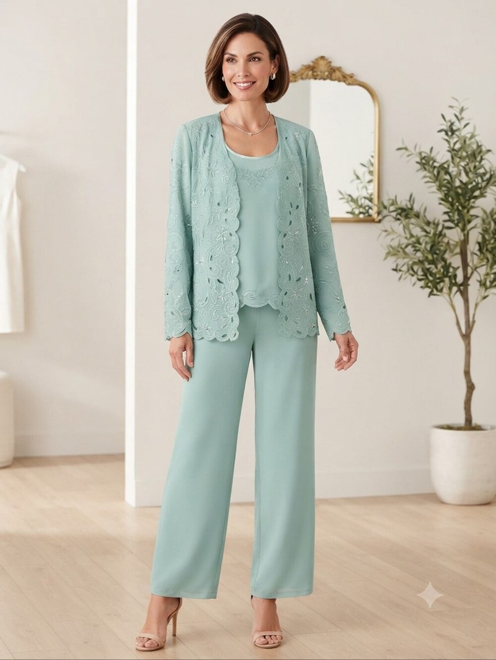 NWT Coldwater Creek Seafoam Green Embroidered Three Piece Pantsuit Sz 10